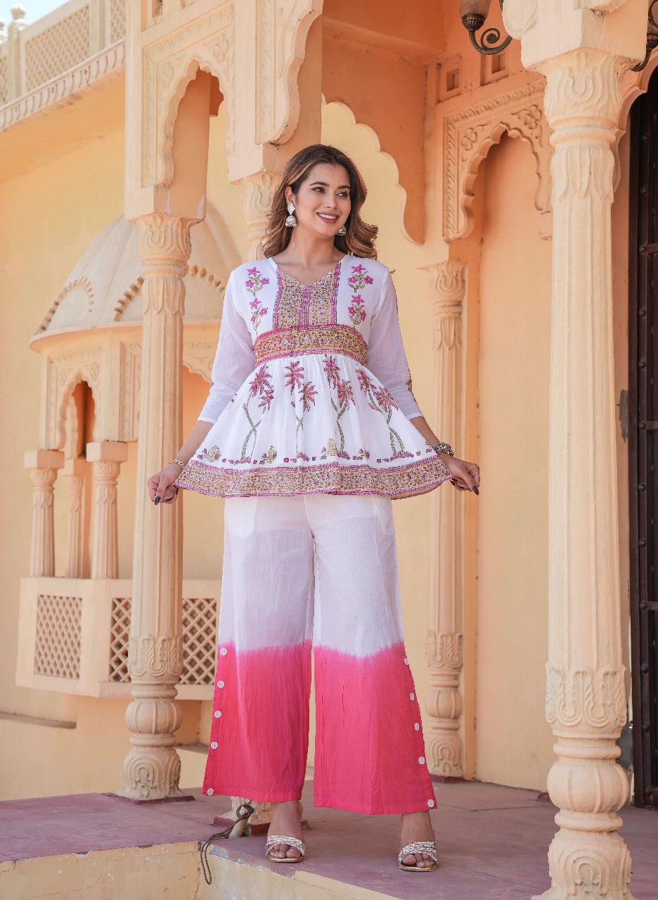 "Tranquil Garden" 100% Mulmul Cotton Peplum Co-ord Set