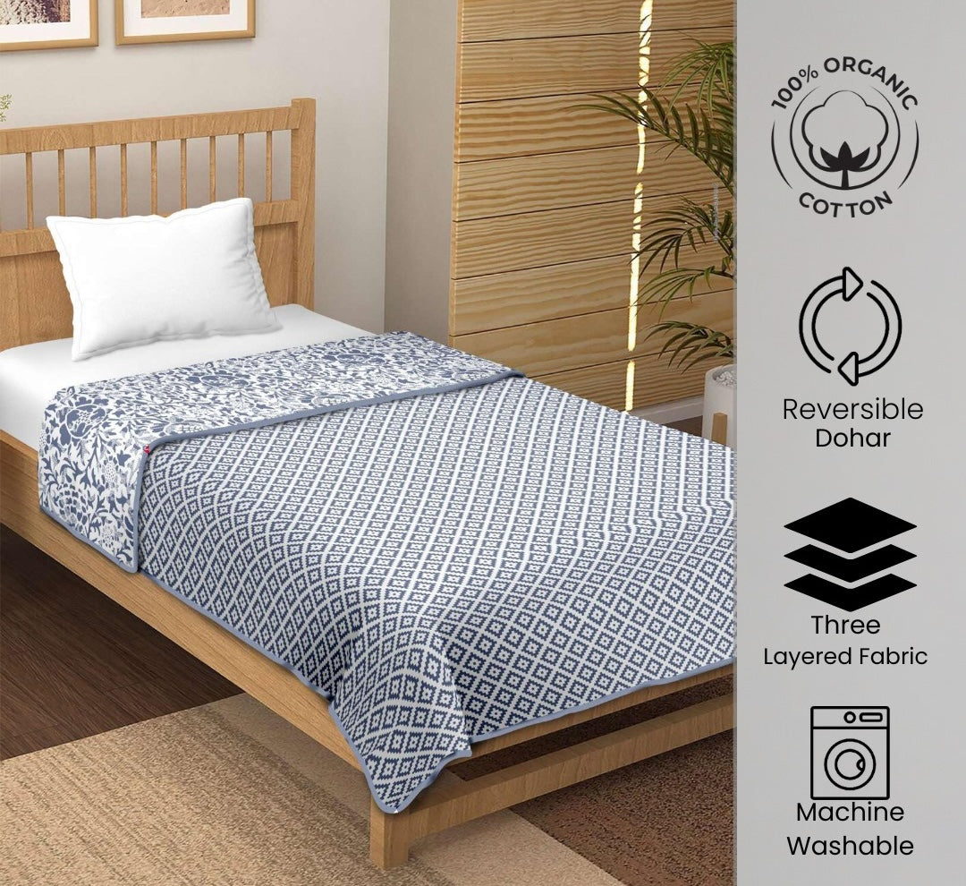 "Azure Bloom" Reversible Organic Cotton Dohar