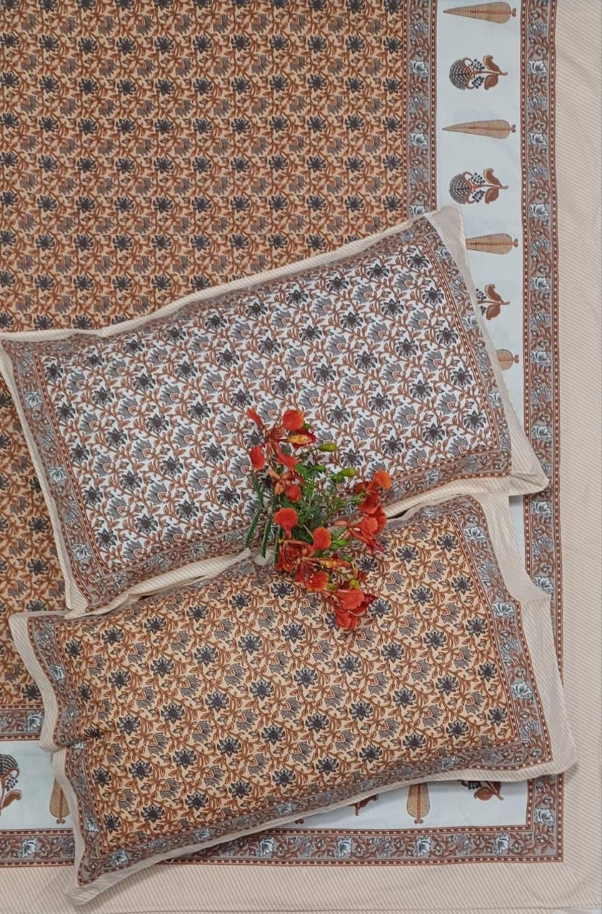 Vintage Vines Pure Cotton King Size Bedsheet Set – Terracotta Tapestry with Pillow Covers