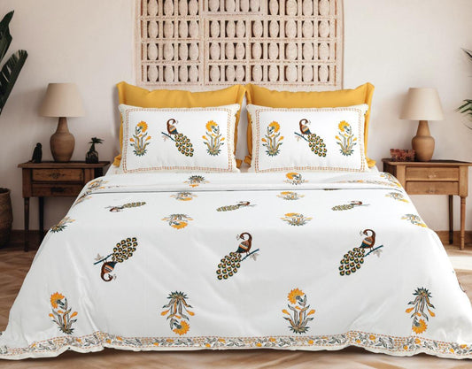 Peacock Royale Jumbo Cotton Bedsheet Set – 108x108 Inches with 2 Pillow Covers