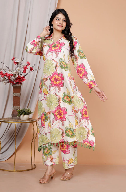 "Blooming Grace" 100% Cotton Floral Kurta Set with Tassel Detailing