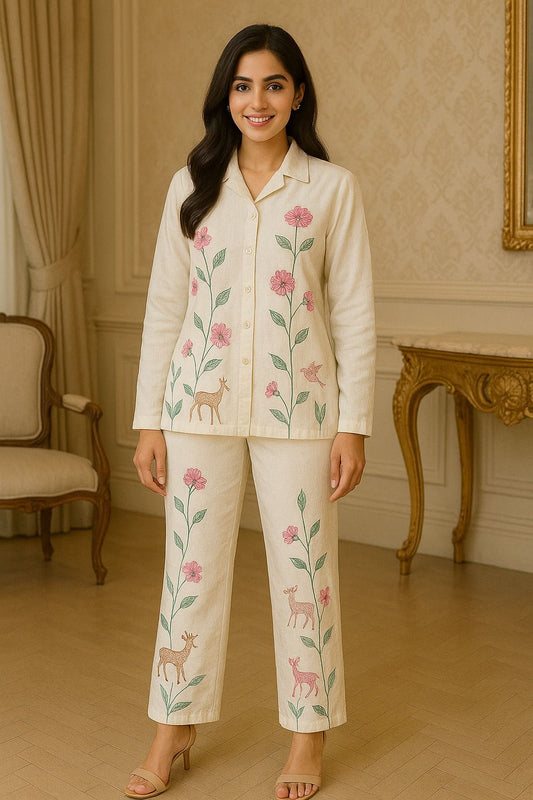 "Nature's Tale" Soft Cotton Co-ord with Deer & Floral Motifs