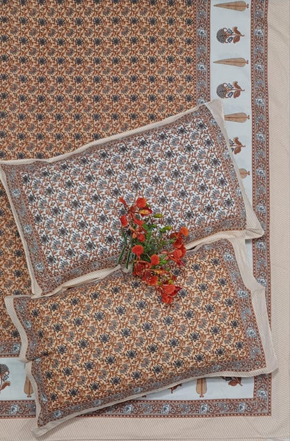 Vintage Vines Pure Cotton King Size Bedsheet Set – Terracotta Tapestry with Pillow Covers